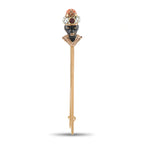 Gold enamel stick pin with multicolor face and orange crown, long pin with loop clasp