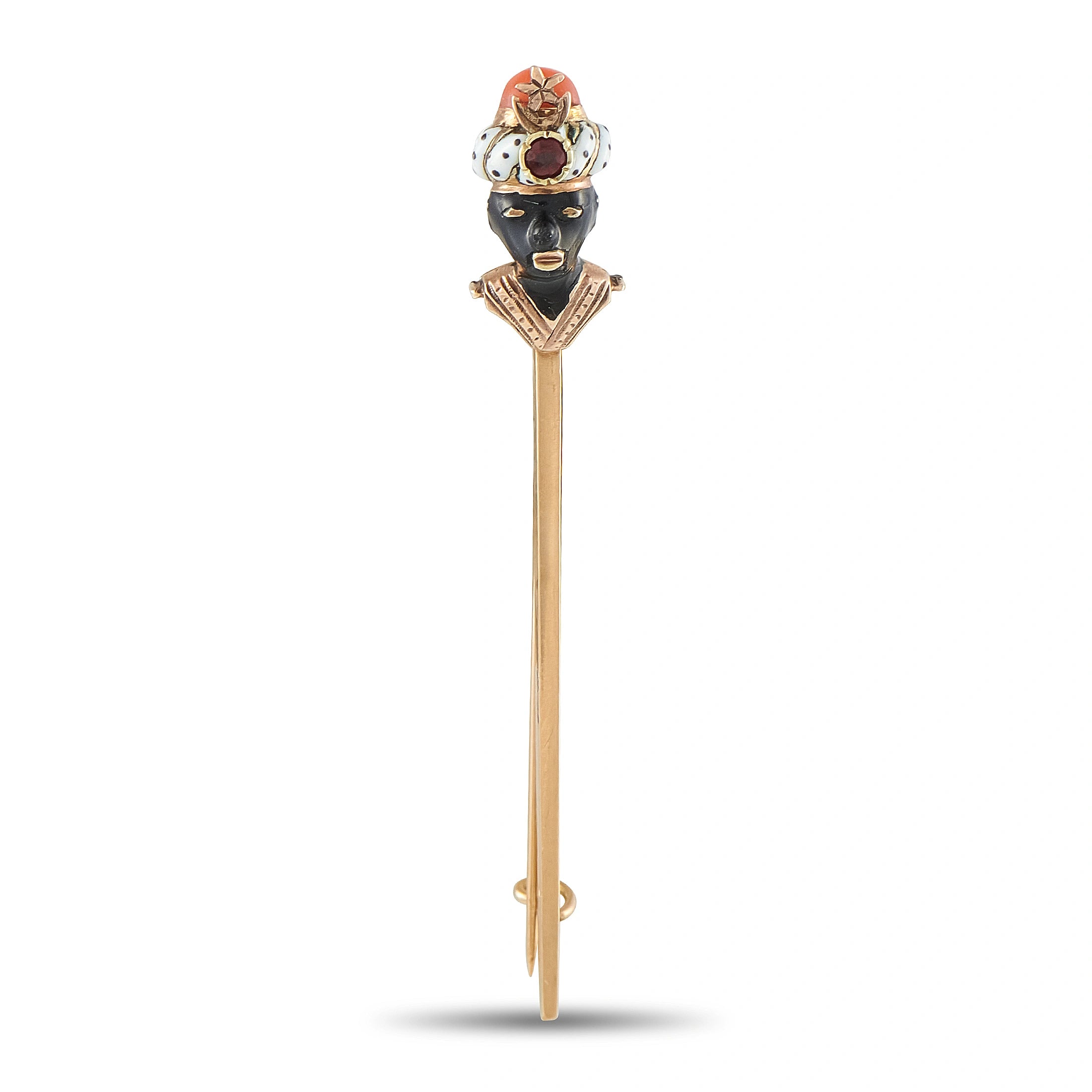 Gold enamel stick pin with multicolor face and orange crown, long pin with loop clasp