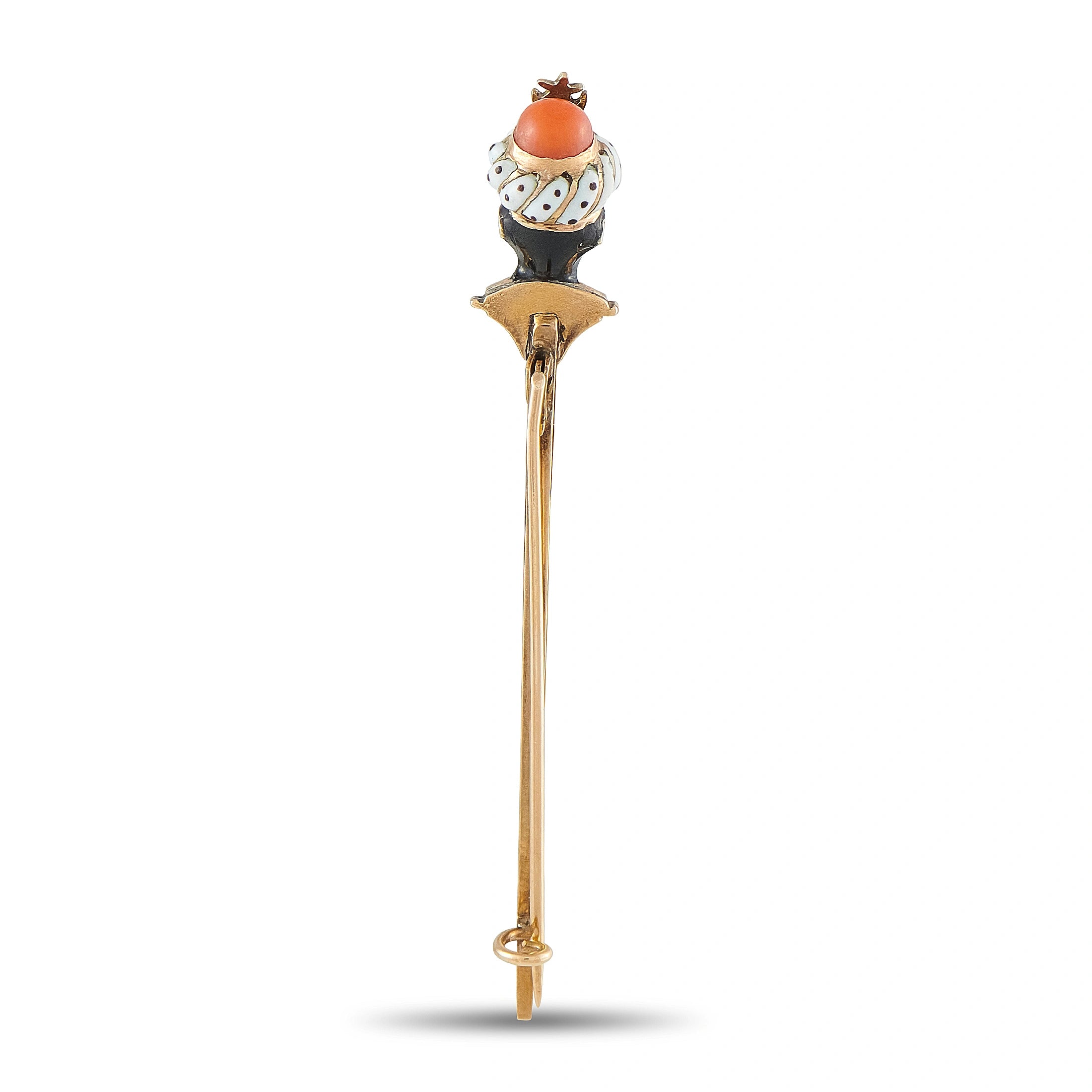 Gold enamel stick pin with orange crown and patterned face, long pin with loop clasp