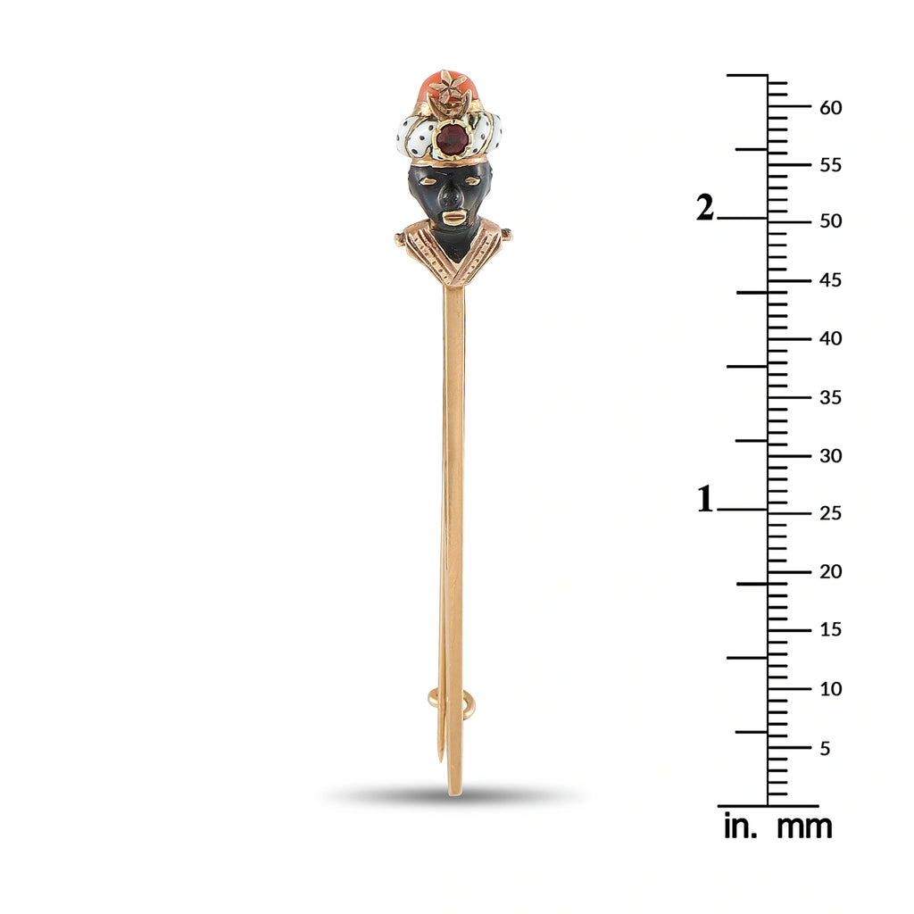 Gold enamel stick pin with multicolor face and orange crown, long pin