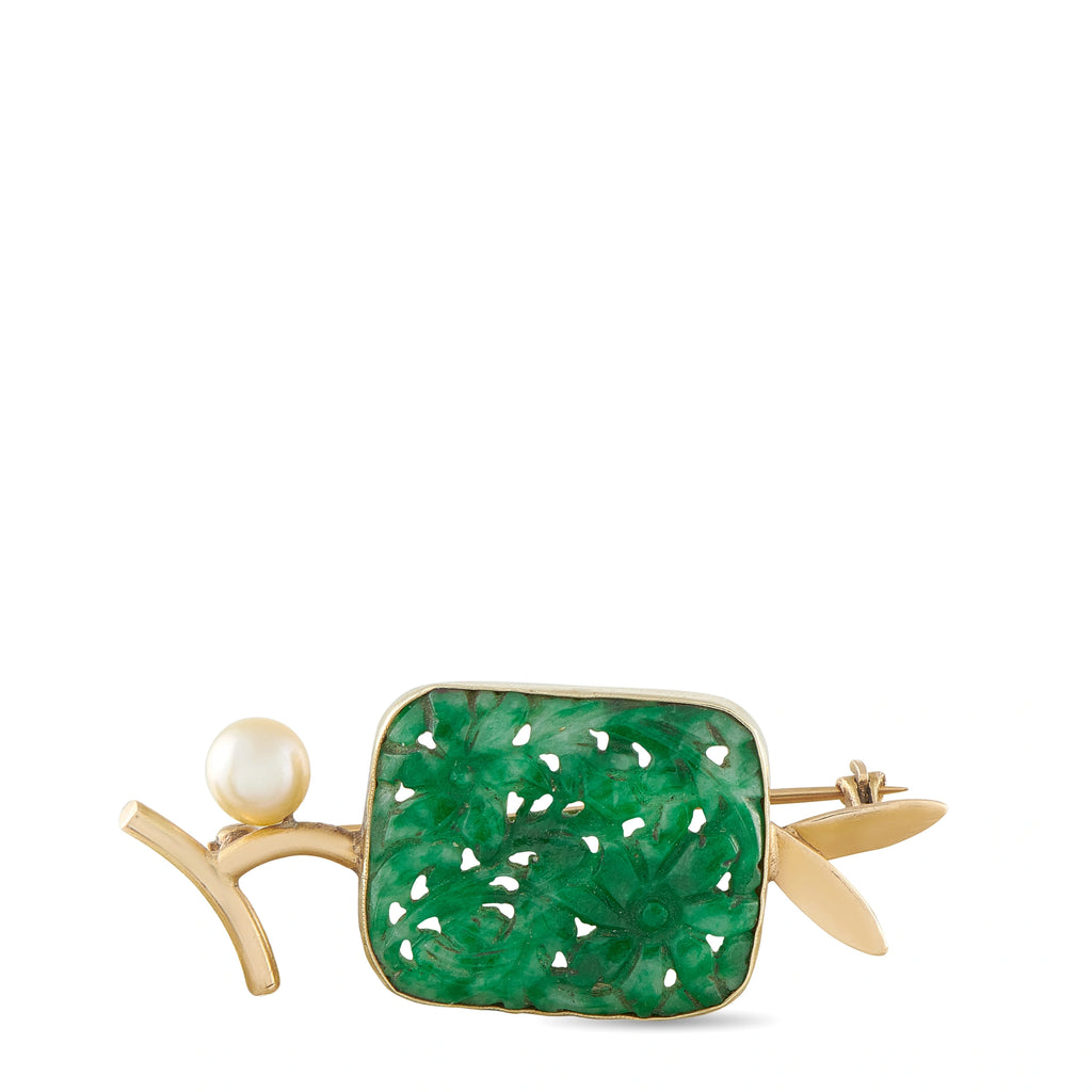 14K yellow gold jade brooch with rectangular green carved stone, pearl and bow accents