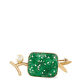 14K yellow gold jade brooch with rectangular green carved stone, pearl and bow accents