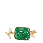 14K yellow gold jade brooch with rectangular green carved stone, pearl and bow accents