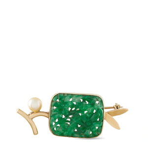 Antique 14K Yellow Gold Carved Jade Brooch
