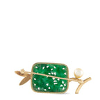 14K yellow gold jade brooch with rectangular green carved center, pearl pin, ribbon leaf sides