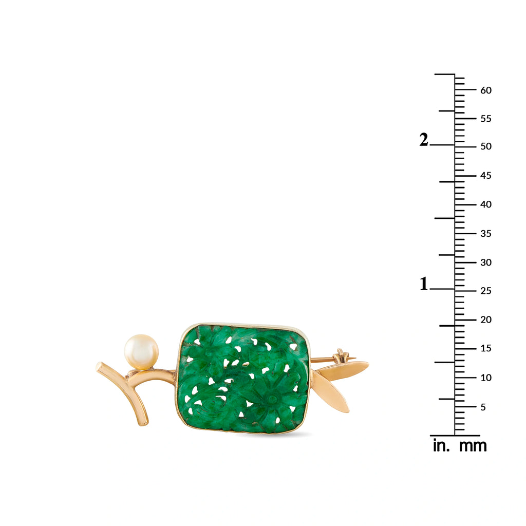 14K yellow gold jade brooch with rectangular green carved stone, pearl and bow details