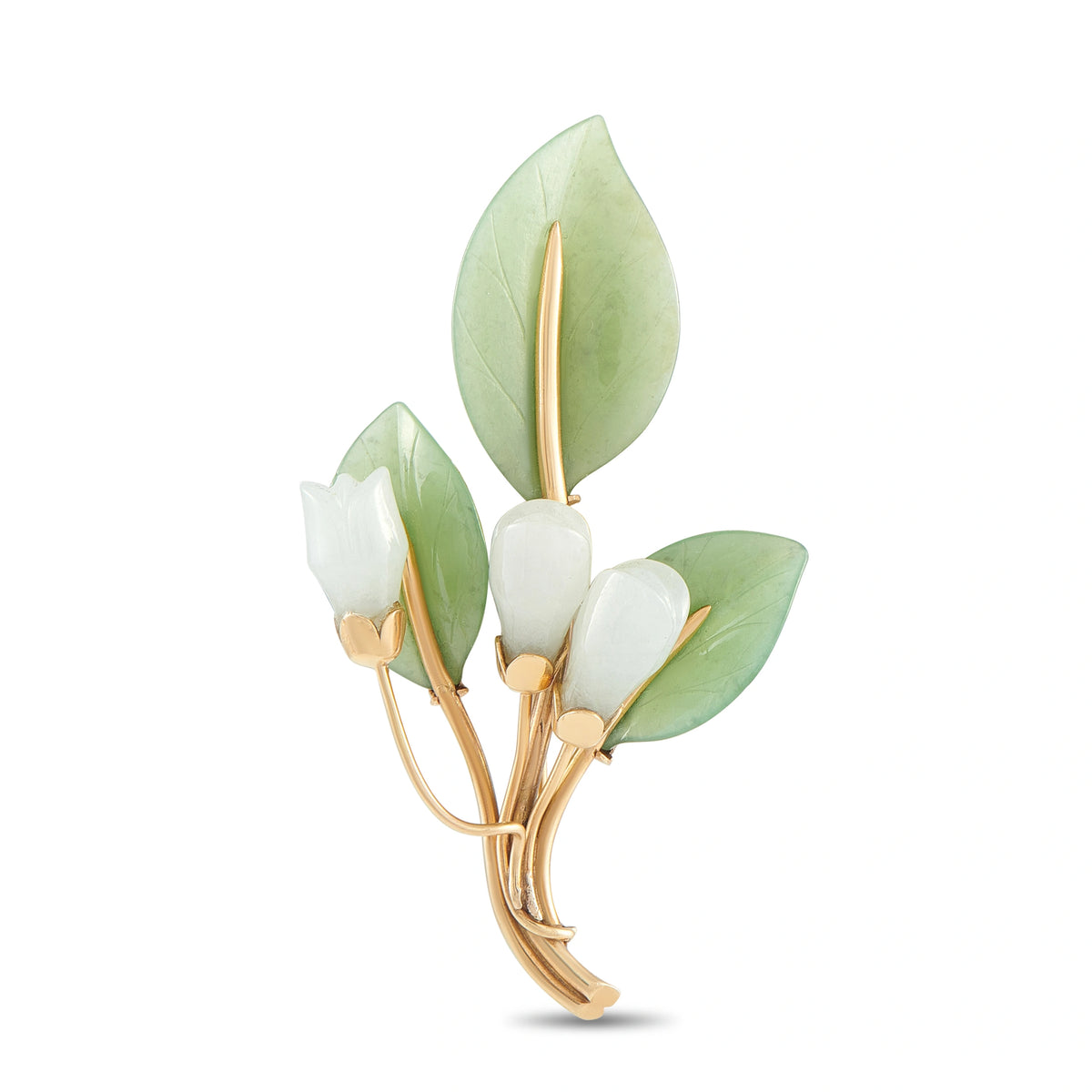 Gold-tone brooch with green jade leaf design and white jade accents