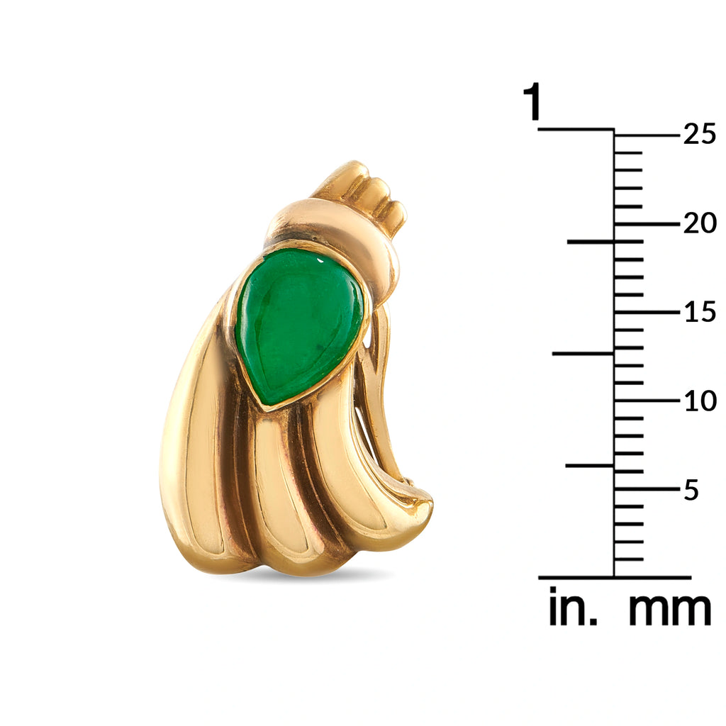 14k yellow gold jade retro earrings with green teardrop stone, rounded scalloped frame