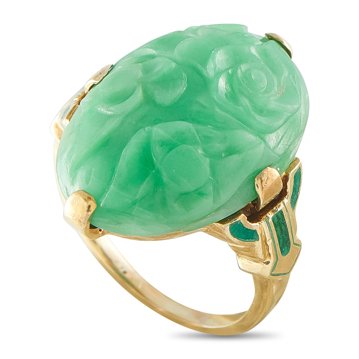 Vintage carved green jade oval ring with gold prong setting and green enamel detail