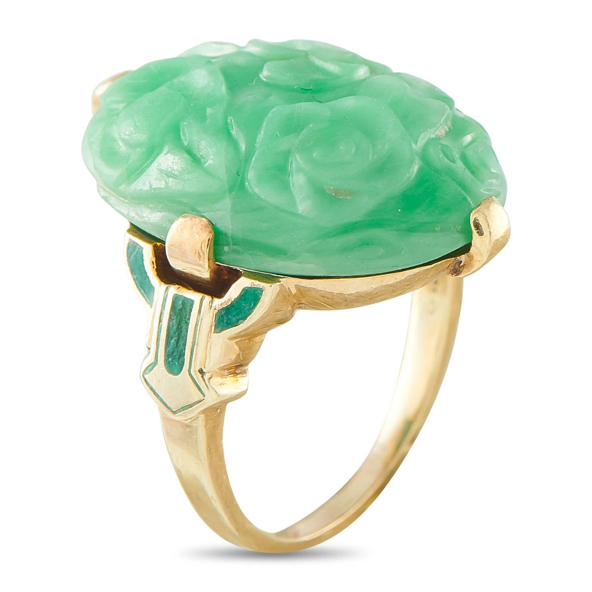 Carved green jade oval ring in yellow gold with emerald-green enamel accents, side view