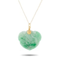 Heart-shaped carved green jade pendant on 14K yellow gold chain