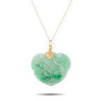 Heart-shaped carved green jade pendant on 14K yellow gold chain