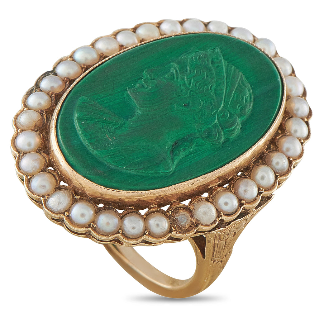 Antique 14K Yellow Gold Malachite and Seed Pearl Cameo Ring