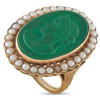 Antique 14K Yellow Gold Malachite and Seed Pearl Cameo Ring