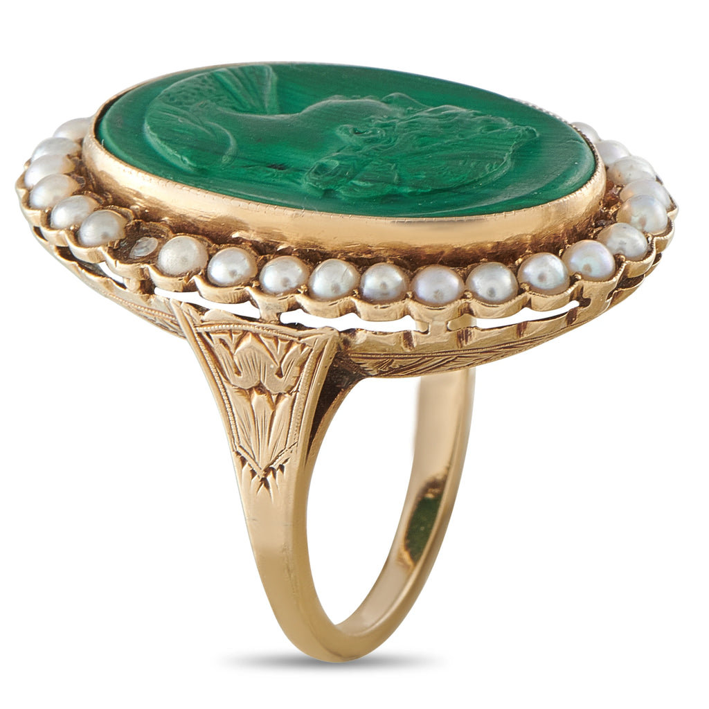 Antique 14K Yellow Gold Malachite and Seed Pearl Cameo Ring