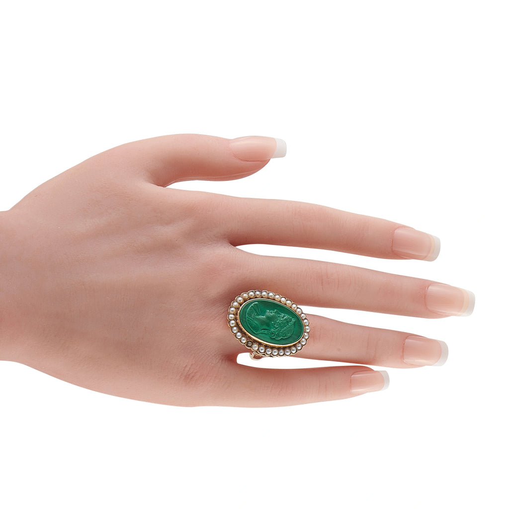 Antique 14K Yellow Gold Malachite and Seed Pearl Cameo Ring