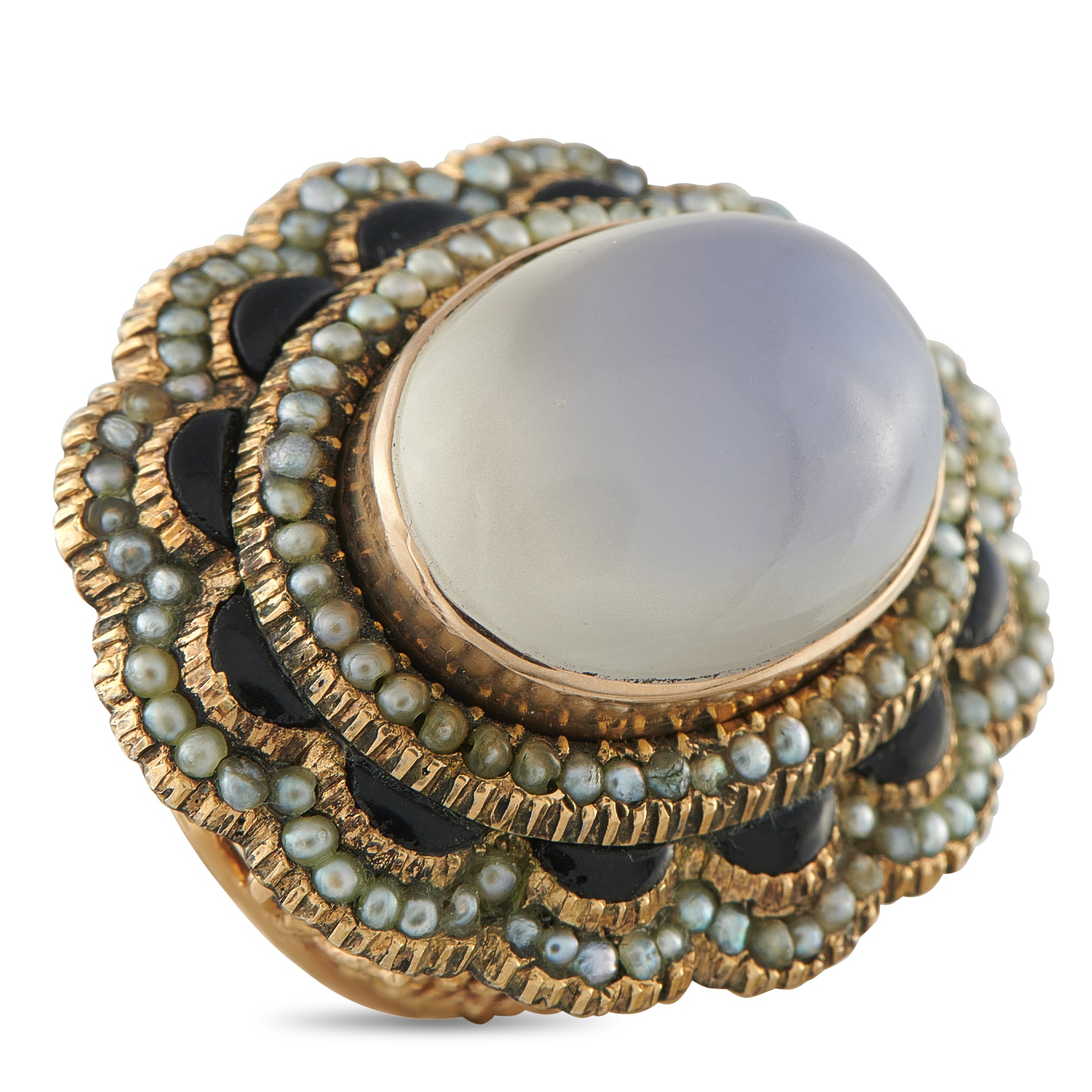 Antique 14K Yellow Gold Moonstone, Seed Pearl, and Onyx Ring