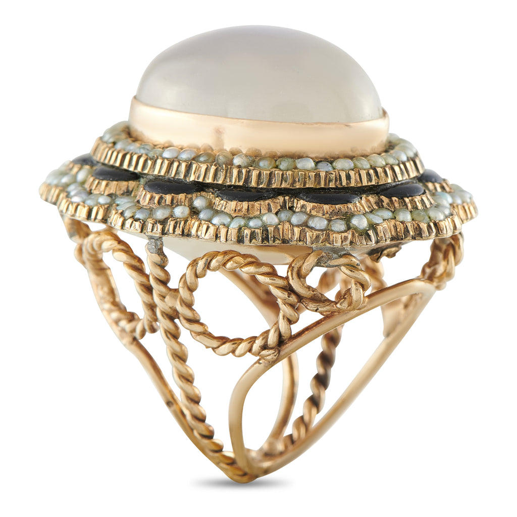 Antique 14K Yellow Gold Moonstone, Seed Pearl, and Onyx Ring