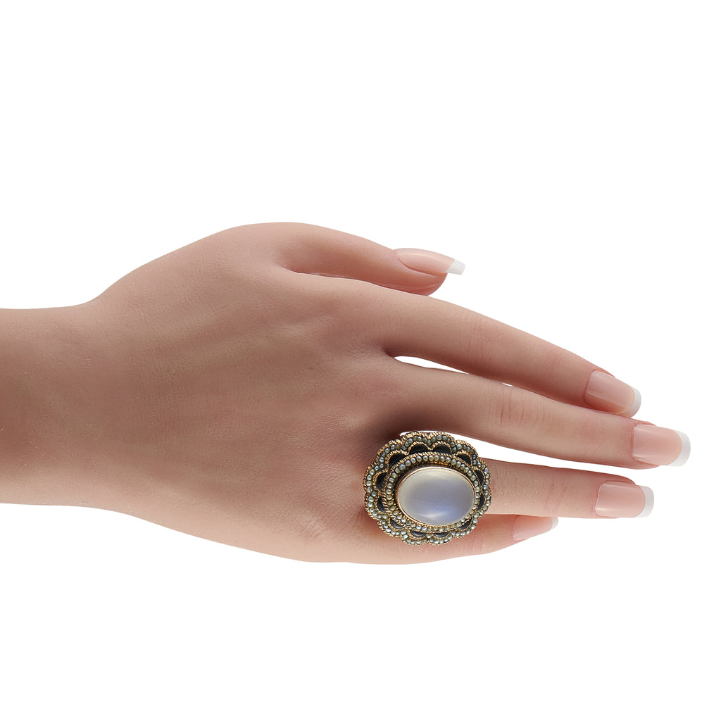 Antique 14K Yellow Gold Moonstone, Seed Pearl, and Onyx Ring