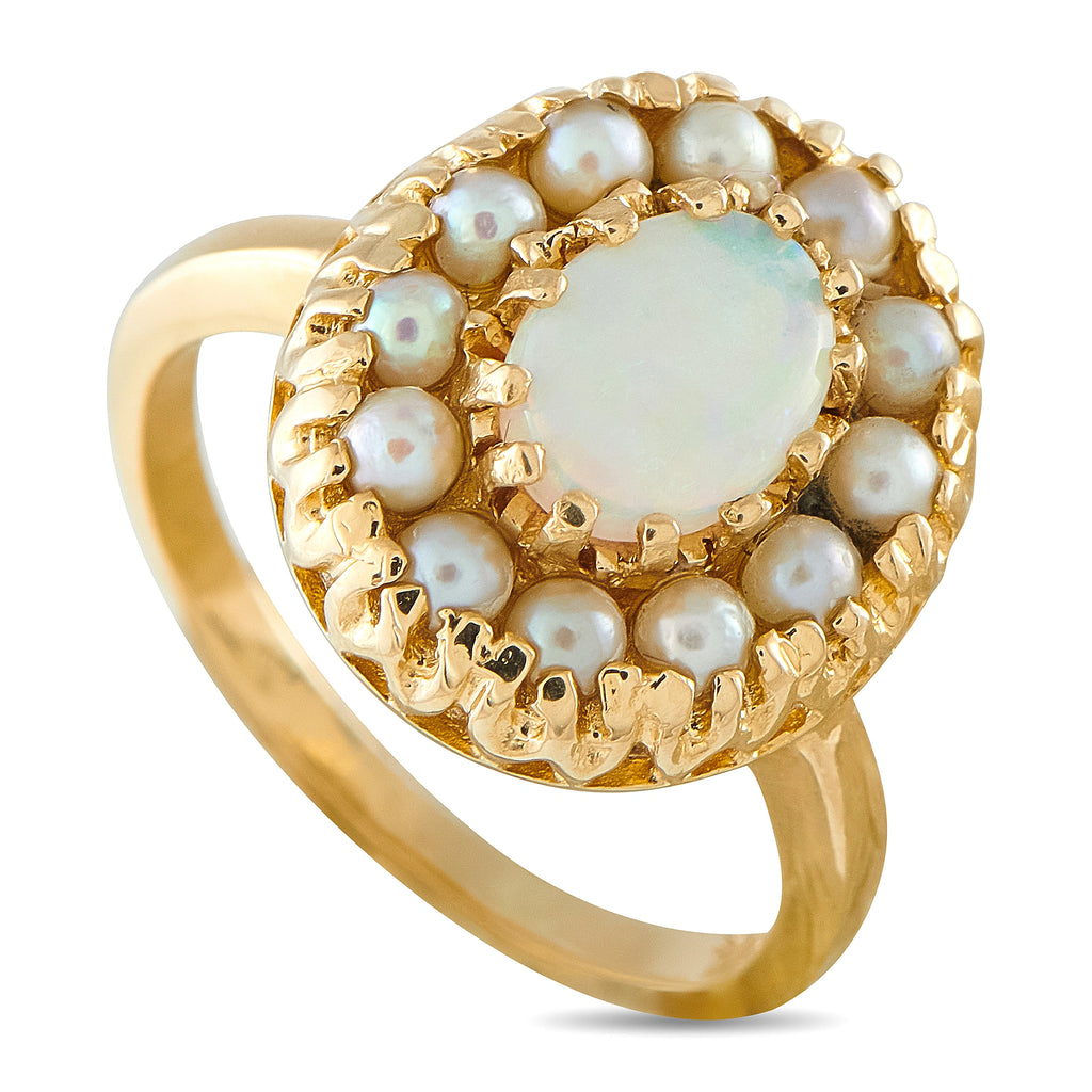 14K Yellow Gold 0.50ct Opal and Pearl Cluster Ring