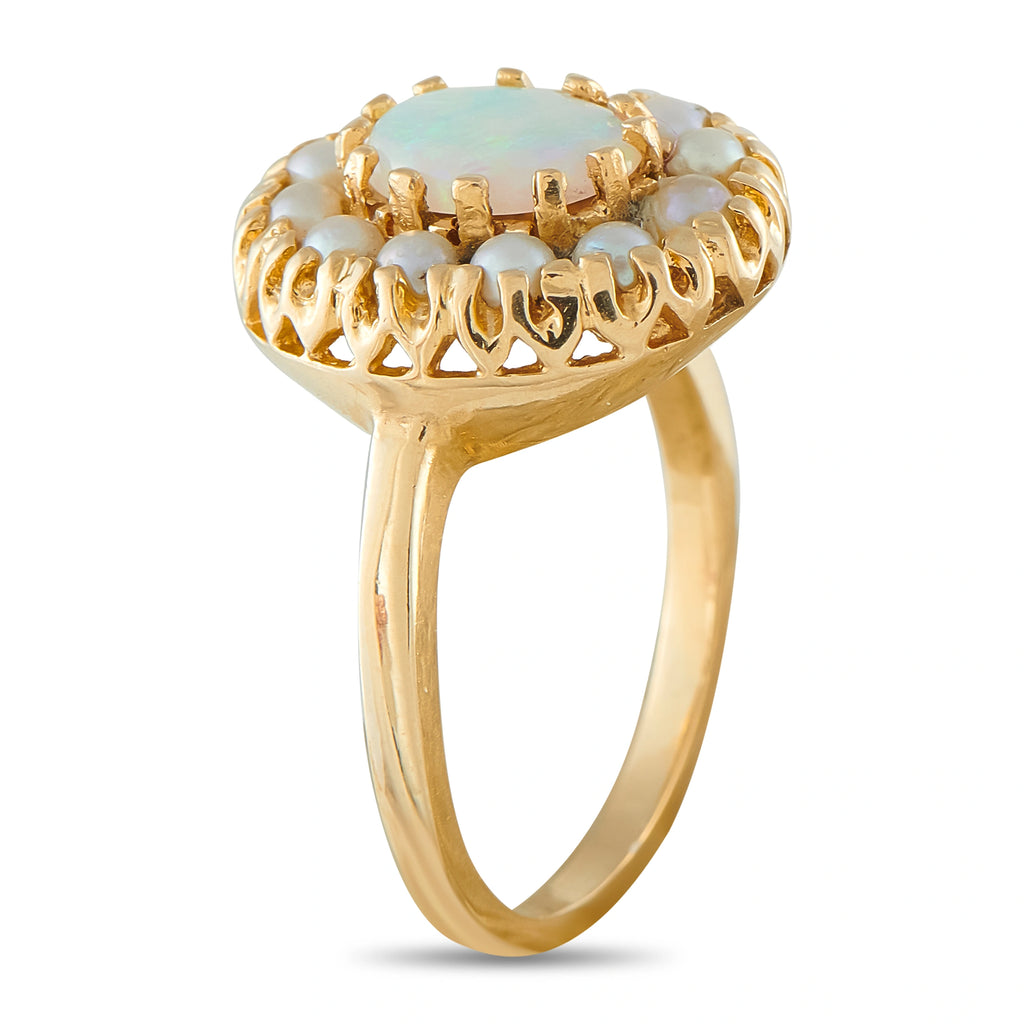 14K Yellow Gold 0.50ct Opal and Pearl Cluster Ring