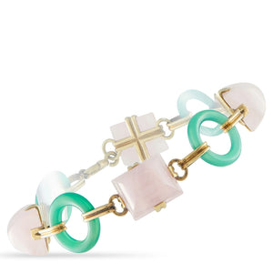 Art Deco 14K Yellow Gold Rose Quartz and Green Chalsedony Bracelet
