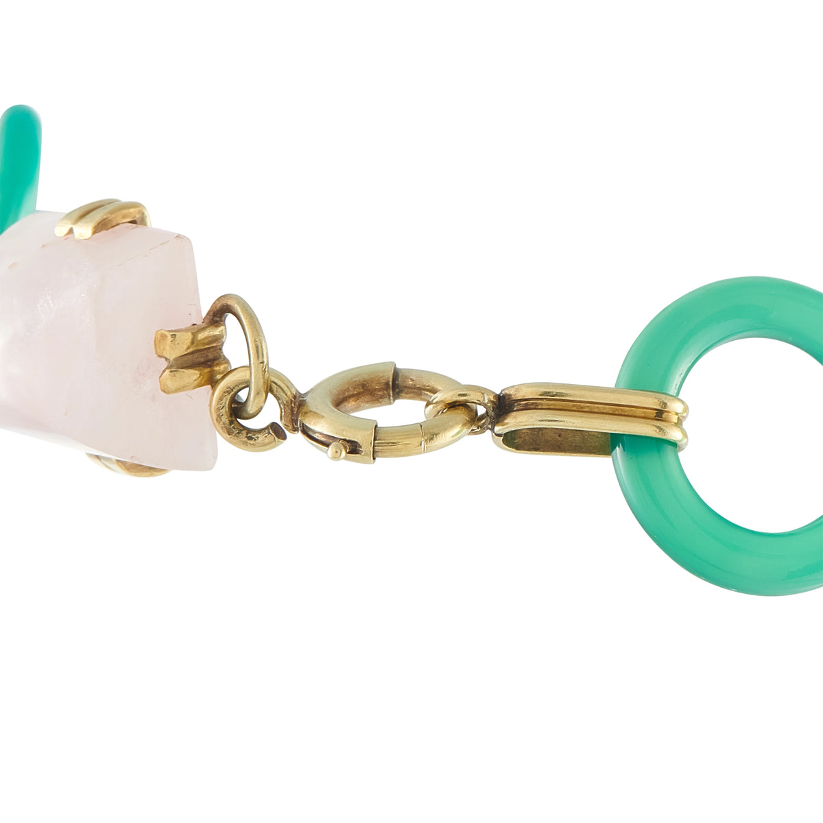 14K yellow gold bracelet detail with square rose quartz stone and green oval links
