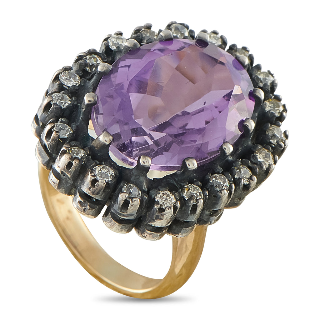 14K yellow gold amethyst and diamond oval halo ring with dark prongs