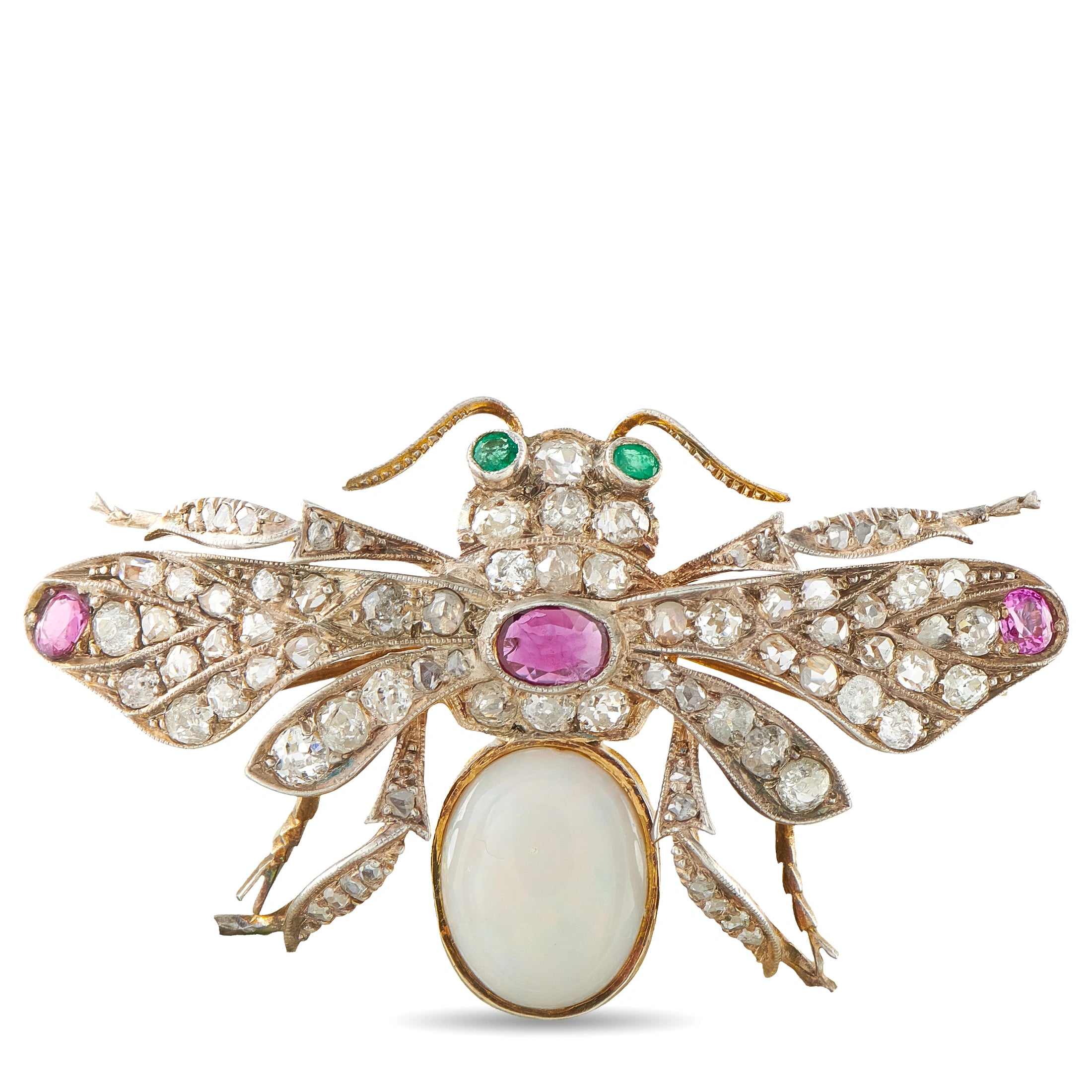 14K yellow gold and silver bee brooch with diamonds, opal, ruby, and green stones