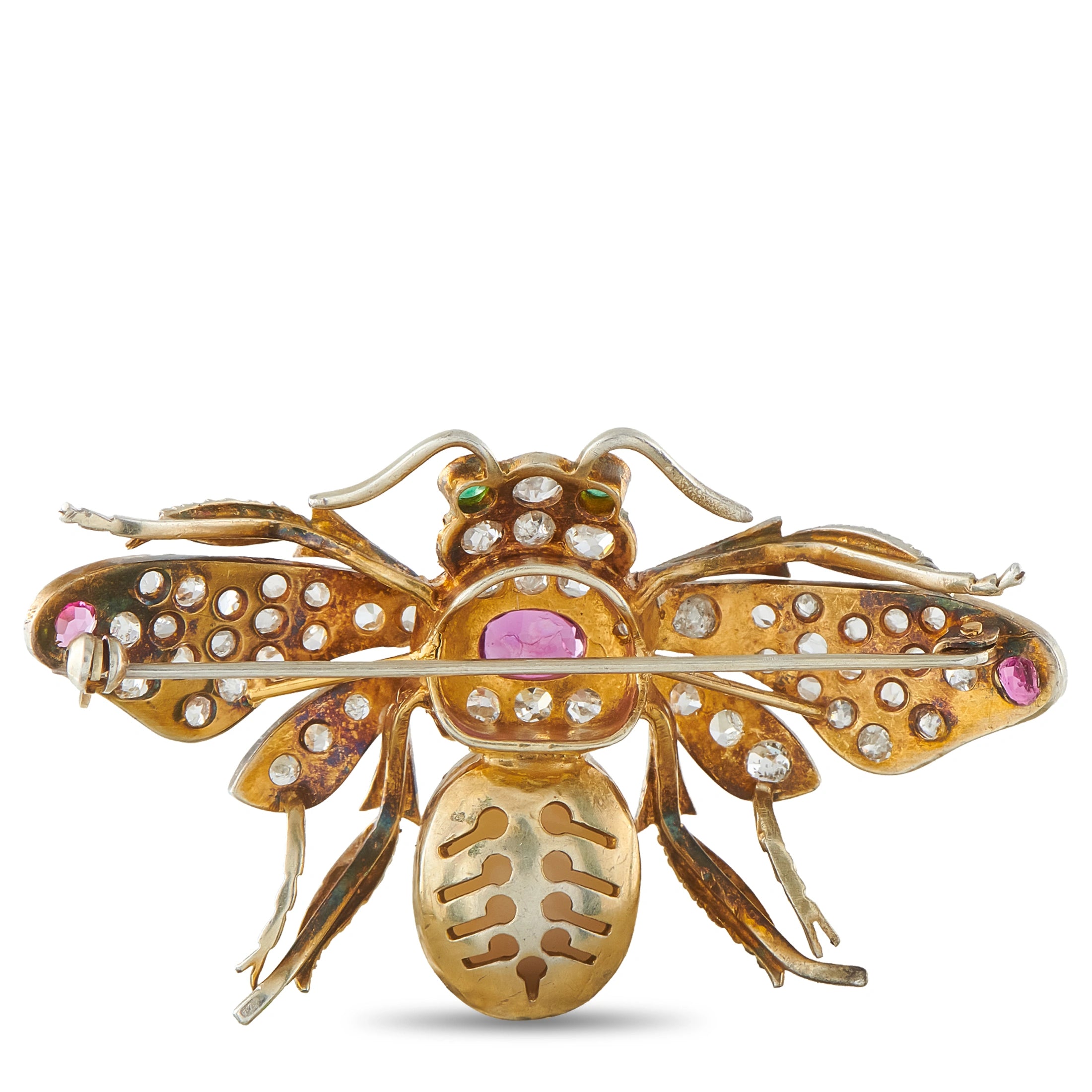 Bee brooch in yellow gold and silver with diamonds, opal, and ruby accents