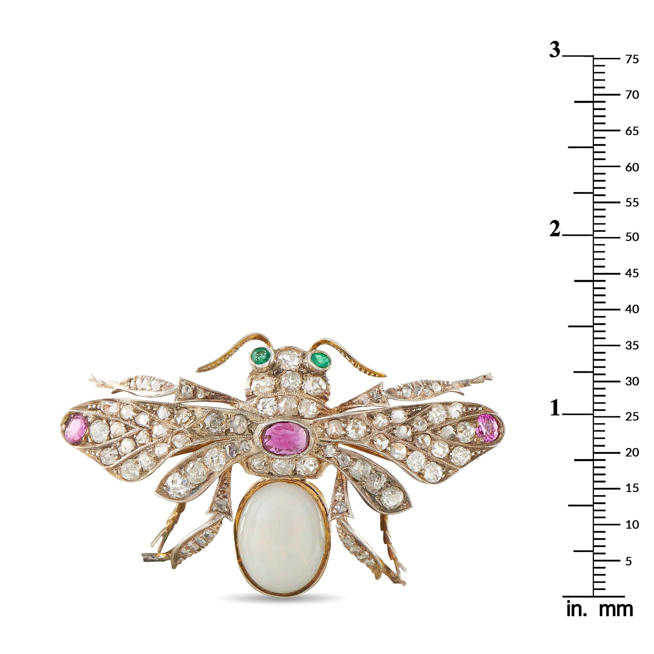 Bee brooch with opal body, diamond wings, and ruby accents