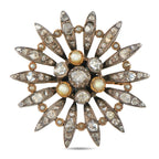 Antique 14K Yellow Gold and Silver Diamond and Pearl Brooch