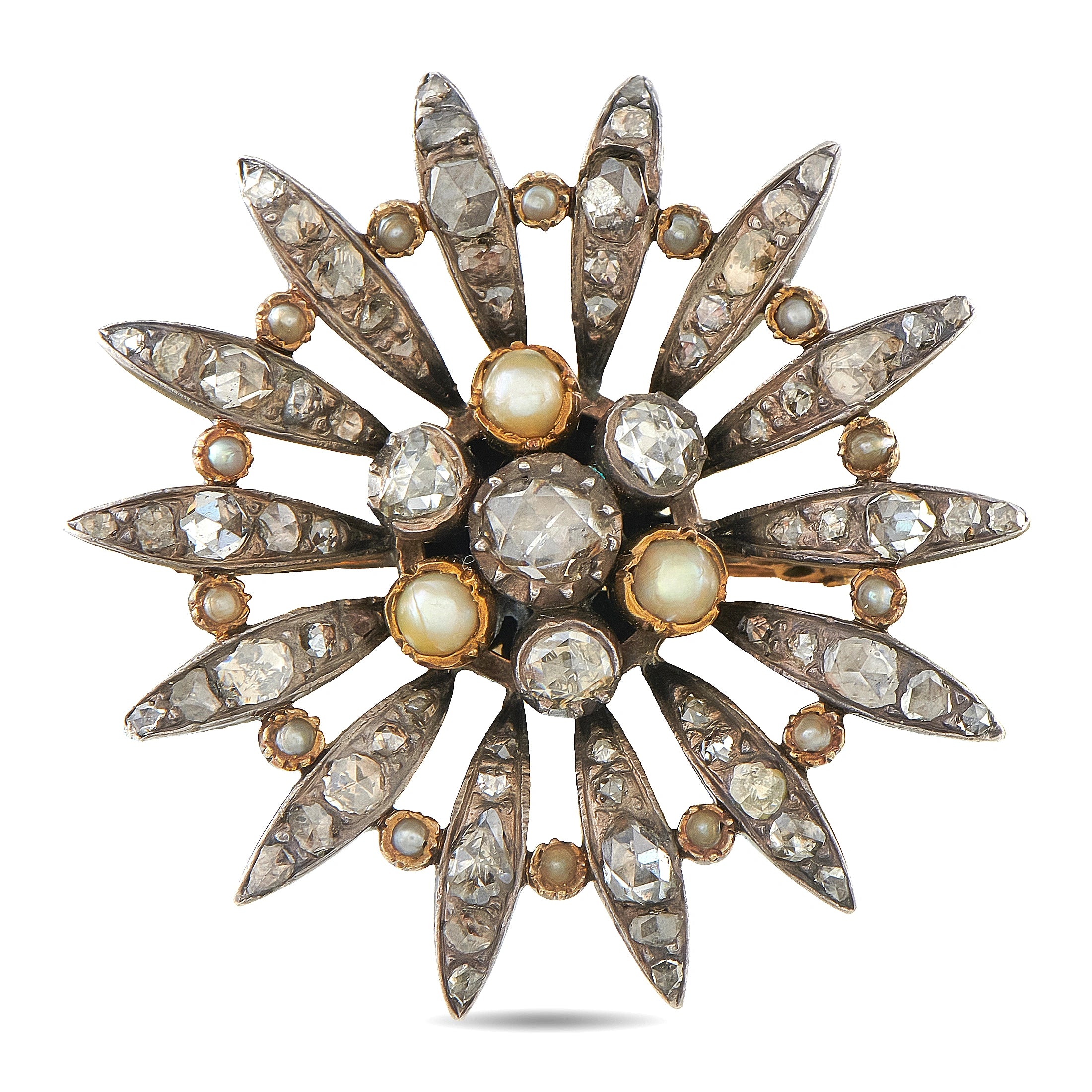 Antique 14K Yellow Gold and Silver Diamond and Pearl Brooch