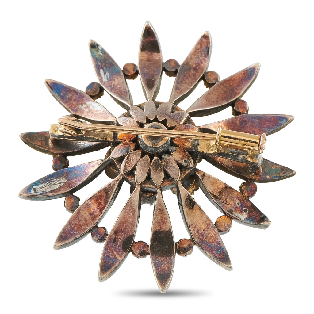 Antique 14K Yellow Gold and Silver Diamond and Pearl Brooch