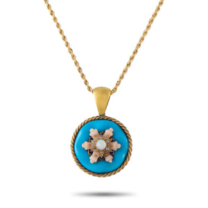 Antique 14K Yellow Gold Turquoise and Coral Necklace
