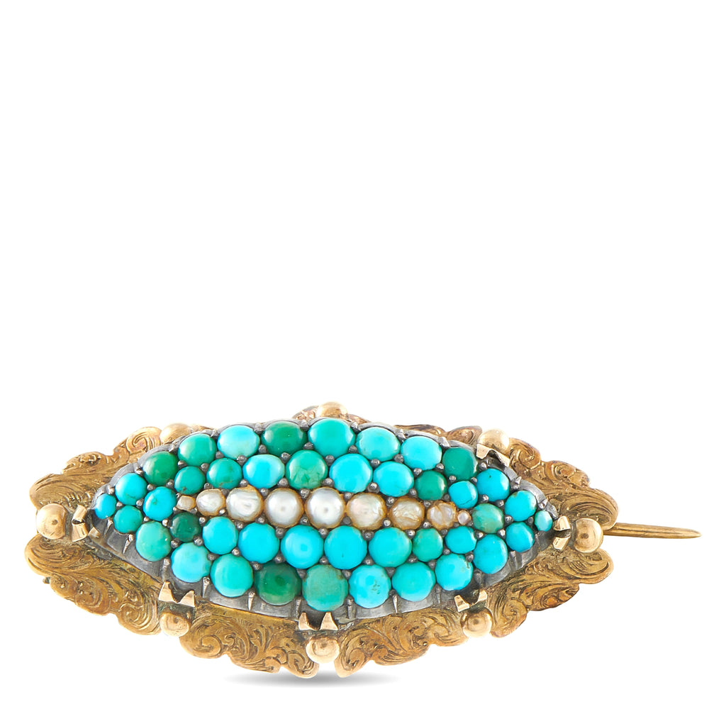 Antique yellow gold brooch with turquoise cabochons and pearl accents, hinged pin