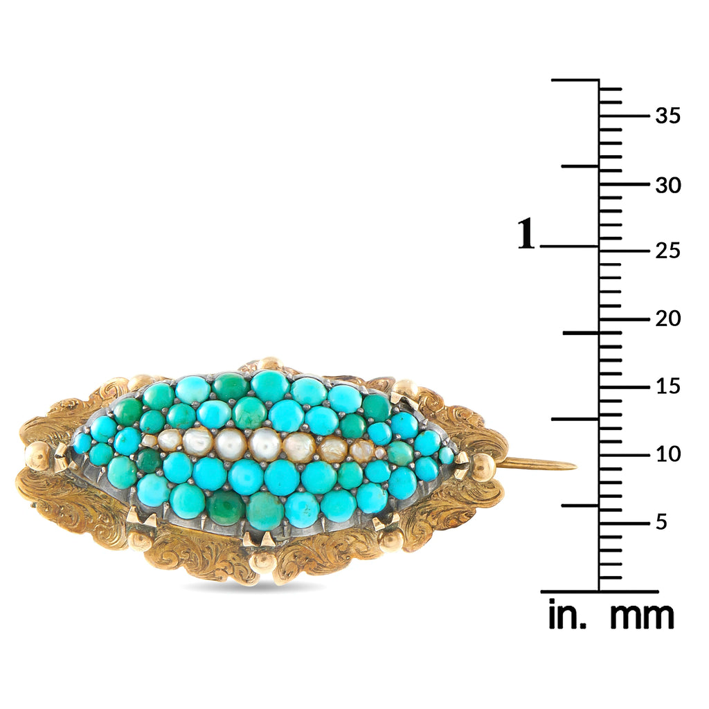 Turquoise and pearl beaded oval brooch on yellow gold setting, shown with size ruler