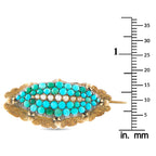 Turquoise and pearl beaded oval brooch on yellow gold setting, shown with size ruler