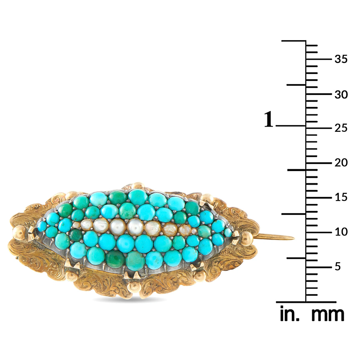 Turquoise and pearl beaded oval brooch on yellow gold setting, shown with size ruler