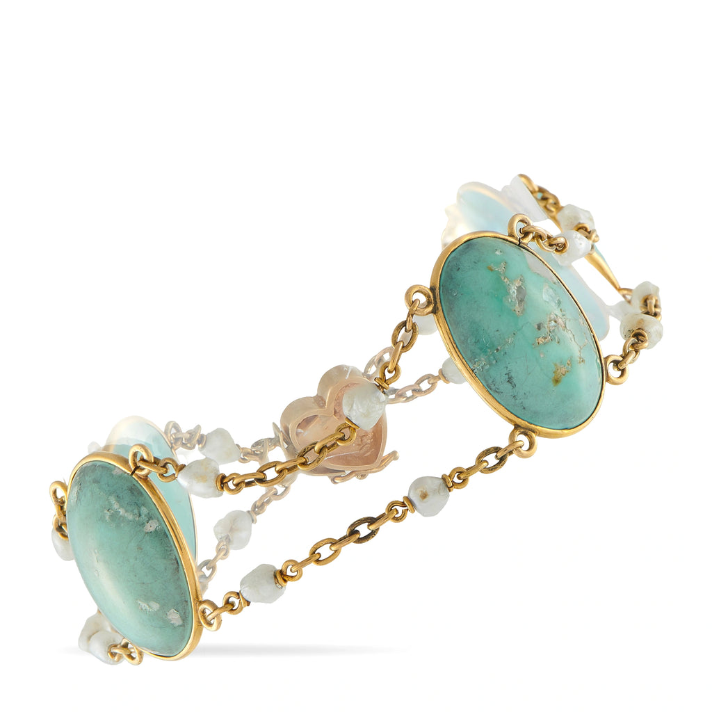 14K Yellow Gold Turquoise Seed Pearl Bracelet