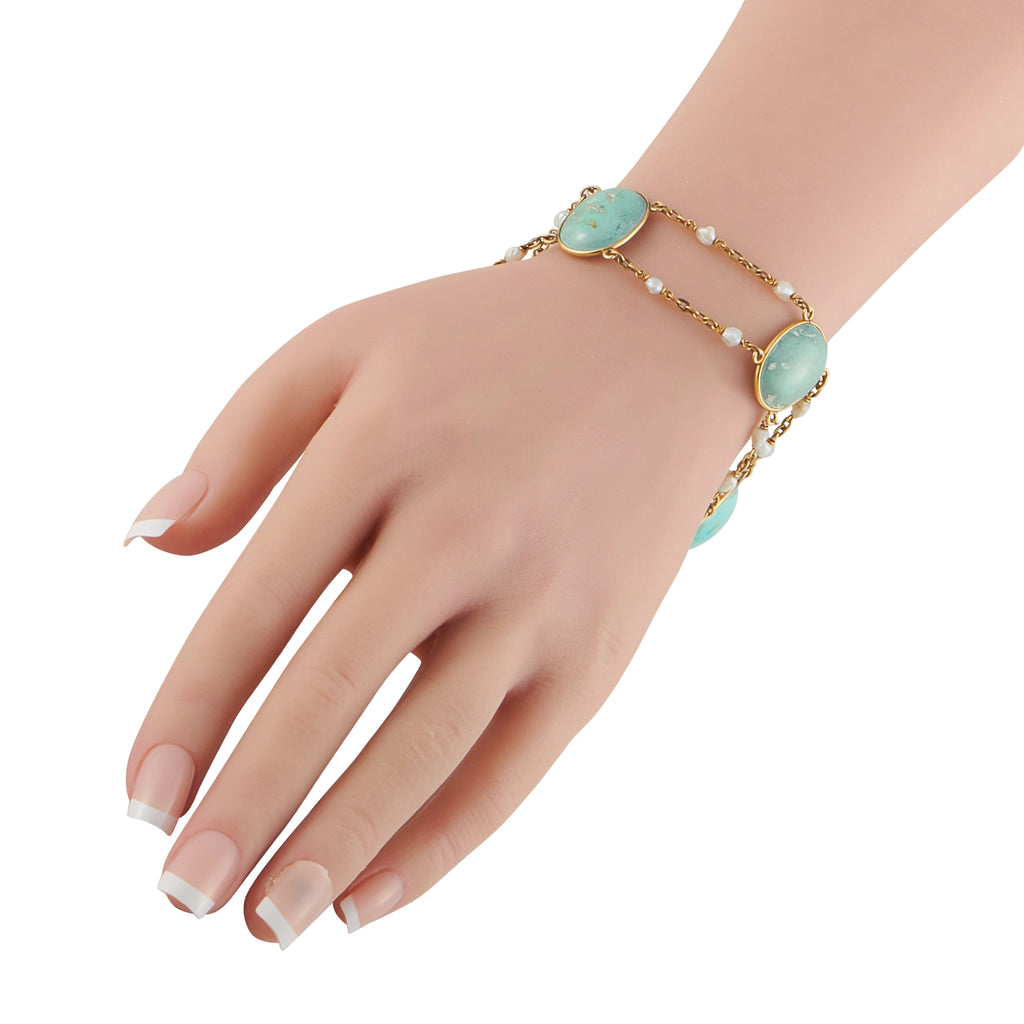 14K Yellow Gold Turquoise Seed Pearl Bracelet