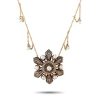 Gold tone necklace with ornate cross pendant, pearl drops, and dark inlays