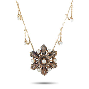 Antique 14K Yellow and Rose Gold Diamond and Natural Pearl Necklace