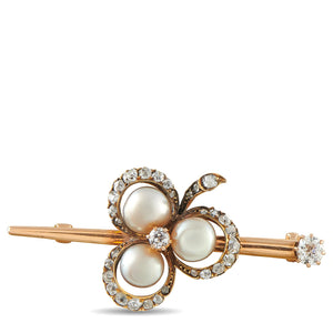 GIA Cert. Antique 15K Rose Gold 0.65ct Diamond and Pearl Brooch