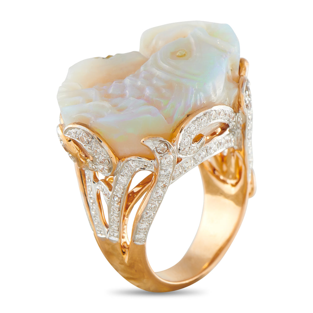 18K Rose Gold 0.75ct Diamond and Carved Opal Fish Ring