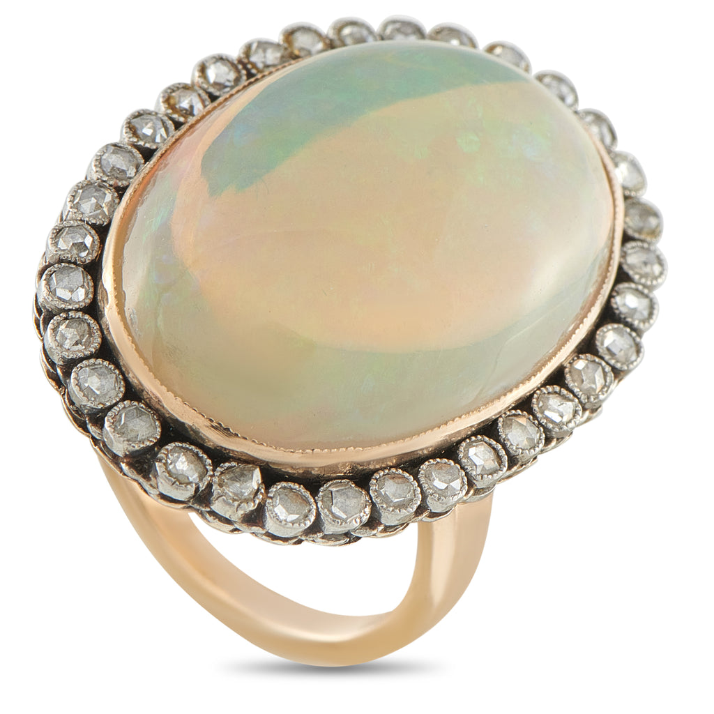 Antique 18K Rose Gold 0.70ct Diamond and Opal Cocktail Ring