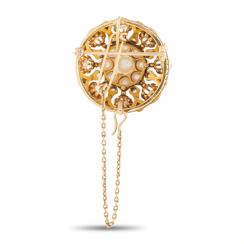 Round rose-gold filigree brooch back with dangling chain and prong pin