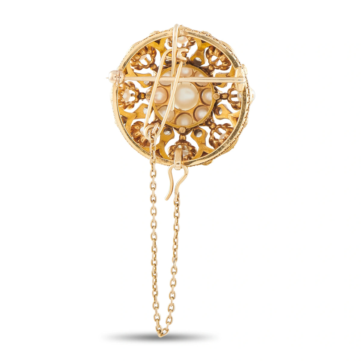 Round rose-gold filigree brooch back with dangling chain and prong pin