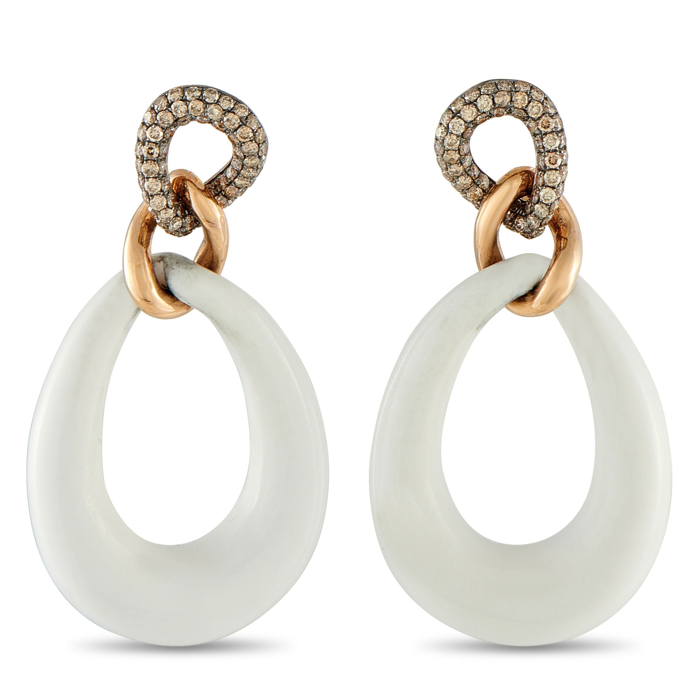 18K Rose Gold 1.06ct Diamond and Quartz Earrings - Stunning White Quartz hoops with a total weight of 46.71 carats offer exciting contrast on these luxury earrings. Crafted fro
