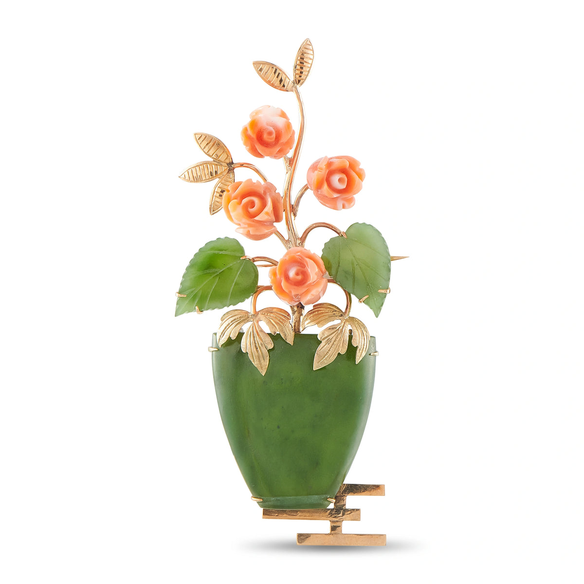 Green jade vase brooch with coral rose flowers, leaves, and rose-gold stems